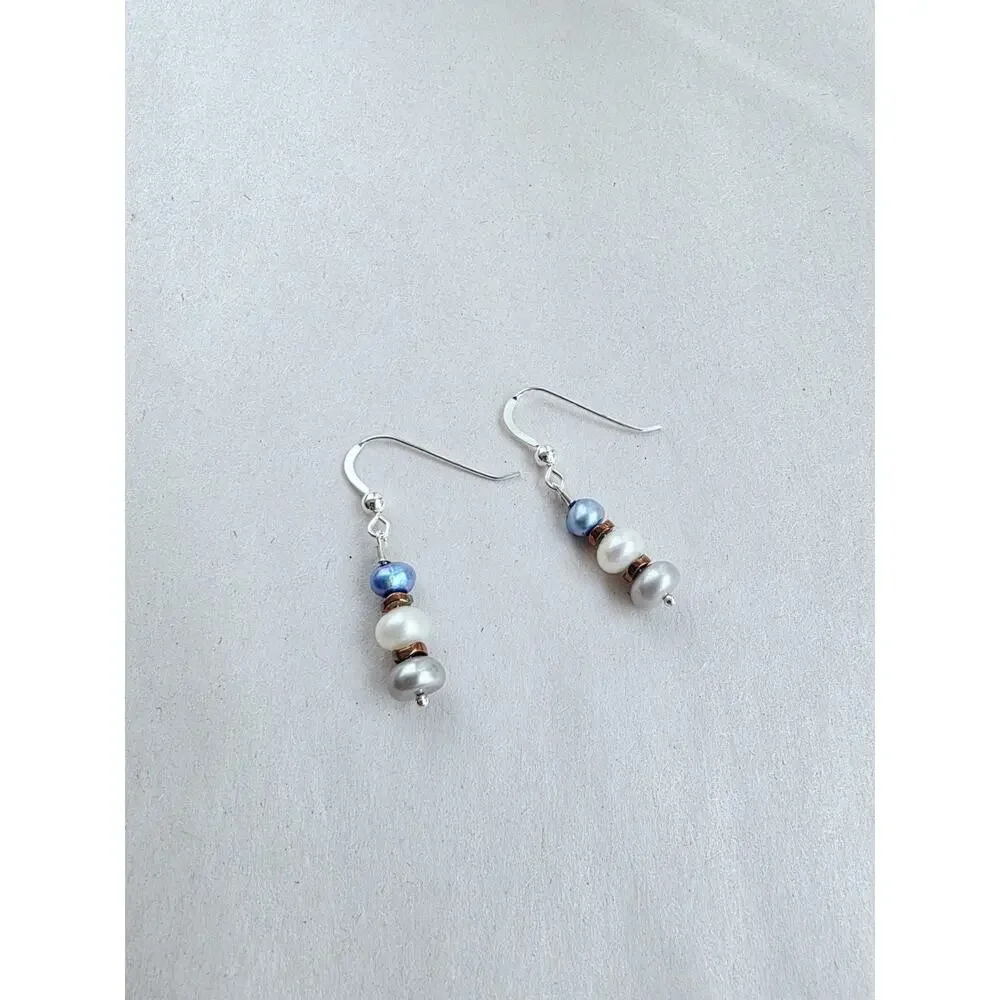 New Sterling Silver Dangle‎ Earrings White Silver Blue Genuine Pearl Stamped 925